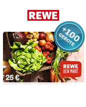 Rewe Gutschein 25 EUR + 100 Bids